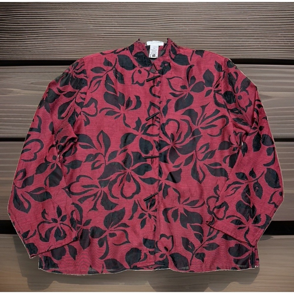 Vintage Drapers & Damon Red Black Floral Frog Closure Shirt Jacket PM Petite M